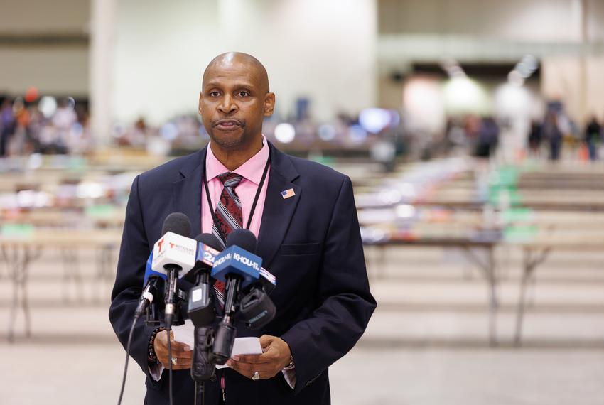 Harris county election administrator Clifford Tatum speaks to the press at the central counting center at NRG Park in Houston on Tuesday, Nov. 8, 2022.
