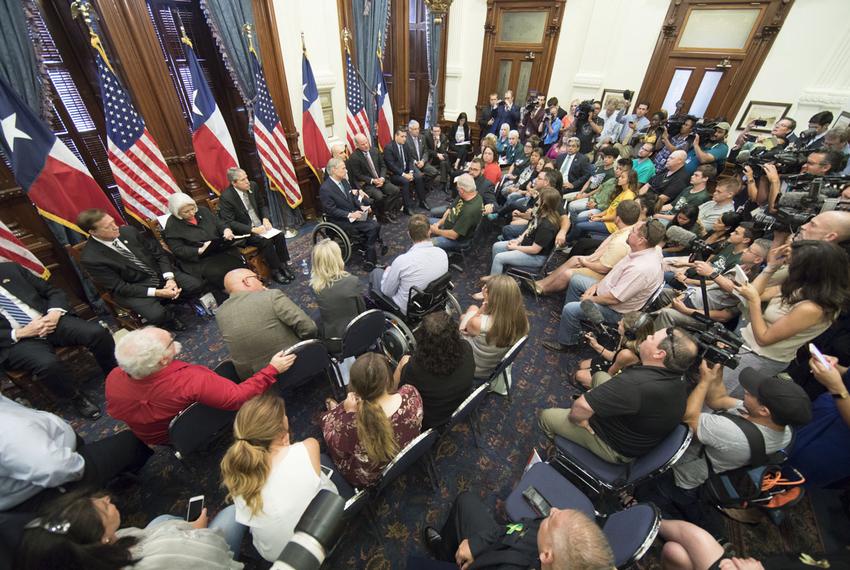 Texas Governor Greg Abbott convenes the third of three roundtable discussions on school safety and gun violence on May 24, 2018 in the wake of the Santa Fe High School shooting that left ten students dead.