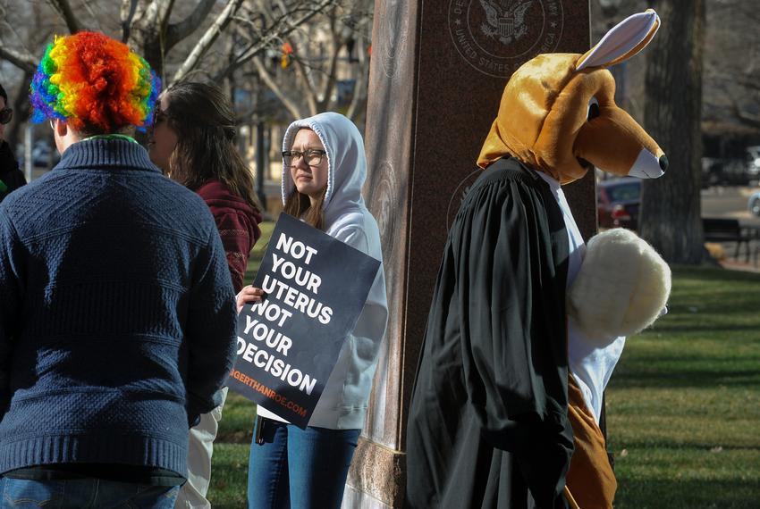 Abortion rights supporters gather in front of the federal courthouse in Amarillo on March 15, 2023.