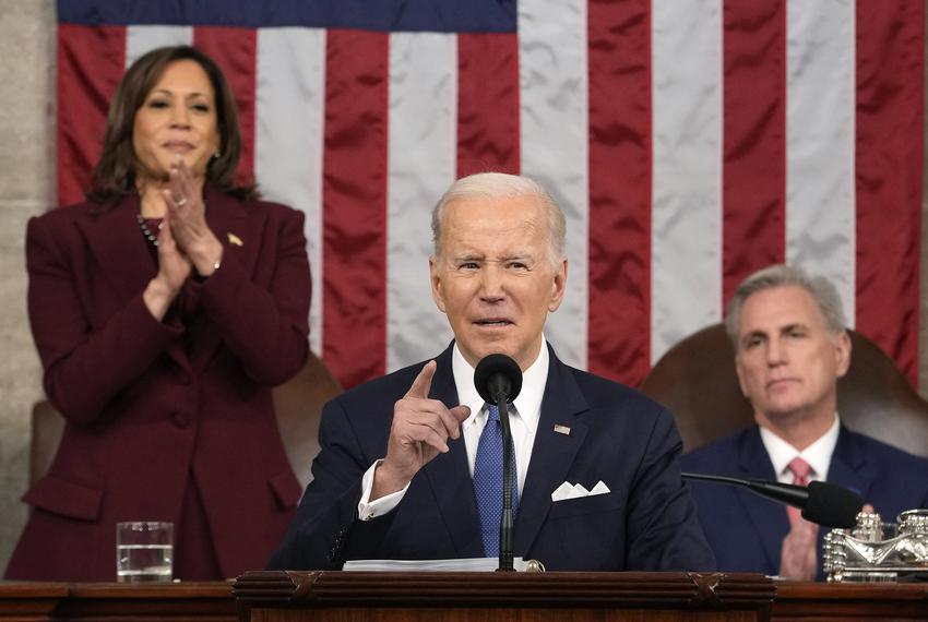 President Joe Biden delivers the State of the Union address to a joint session of Congress at the U.S. Capitol on Feb. 7, 2023, in Washington, D.C., as Vice President Kamala Harris and House Speaker Kevin McCarthy of California watch.