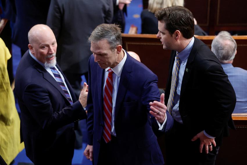 From left: Leaders of the opposition to Republican Leader Kevin McCarthy becoming Speaker of the House, U.S. Rep. Chip Roy, R-Austin; Rep. Scott Perry, R-PA; and Rep. Matt Gaetz, R-FL, talk as they gather on the floor of the House of Representatives for another expected round of voting for a new House speaker at the U.S. Capitol in Washington D.C., on Jan. 5, 2023.