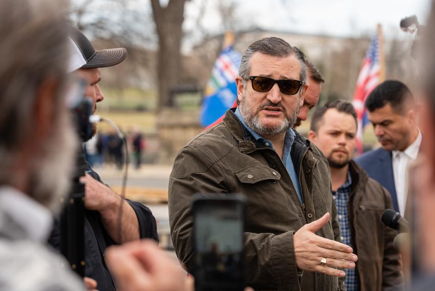 U.S. Sen. Ted Cruz speaks at a press conference with organizers of the People’s Convoy near the U.S. Capitol in Washington, D.C., on March 10, 2022.