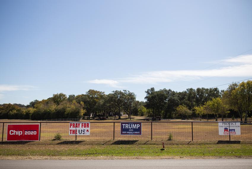 Republican signage outside the Blanco County Tax Assessor/Collector’s Office polling location in Blanco on Election Day, Nov. 3, 2020.