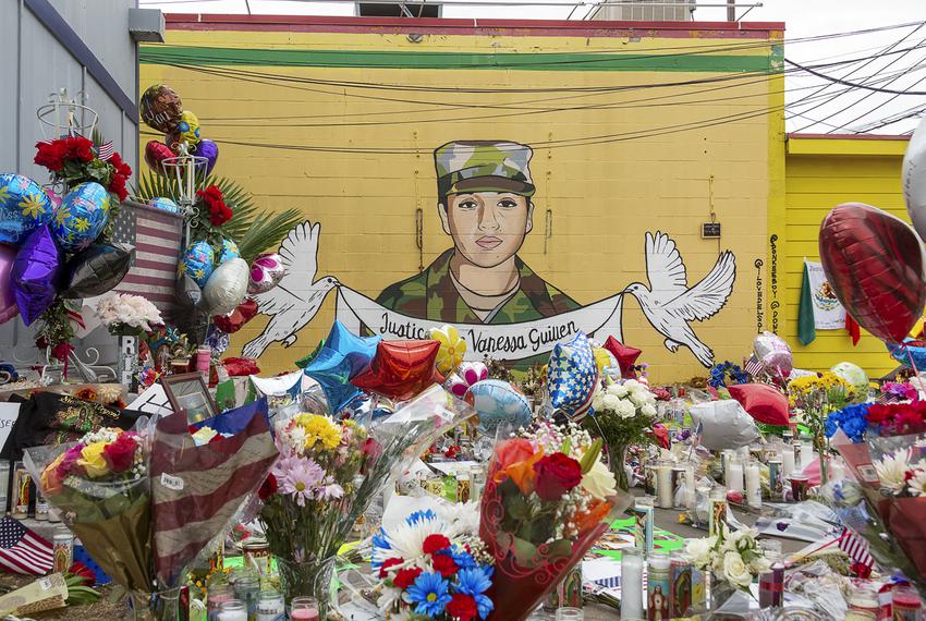 People gathered at a mural and memorial honoring Army Specialist Vanessa Guillén at Taqueria del Sol on Sunday, July 5, 2020.