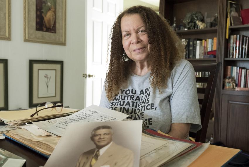 Karen Hill (sp?) in her home in the Hamilton Park subdivision of Dallas. Her father, A. Maceo Johnson was a school teacher and had other prominent career rolls in education and served on the Dallas Civil Service Commission.