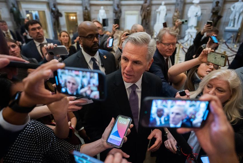 U.S. Rep. Kevin McCarthy, R-California, speaks to members of the media as he walks to the House chamber before a fourth ballot vote for Speaker of the House on the second day of the 118th Congress in Washington, D.C., on Jan. 4, 2023.
