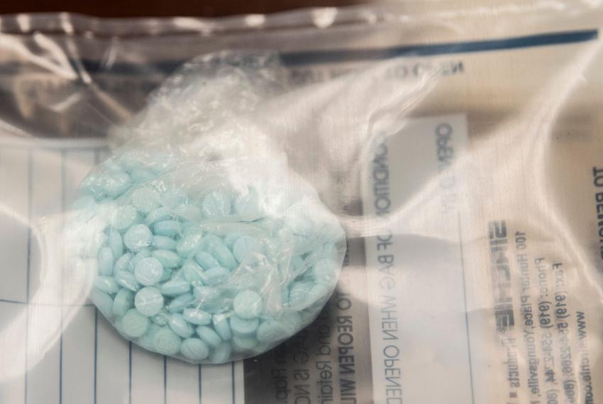 Seized fentanyl pills during a press conference at the Montgomery Police Department's Criminal Investigations office in Montgomery, Alabama, on Aug. 8, 2022.