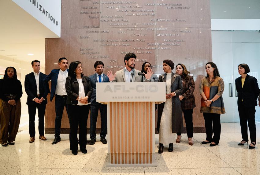 U.S. Congressman-elect Greg Casar, D-TX, speaks during a press conference with Congressional Progressive Caucus (CPC) Chair Pramila Jayapal, D-WA, and other incoming CPC members at AFL-CIO Headquarters in Washington, DC, on Sunday, Nov. 13, 2022.
