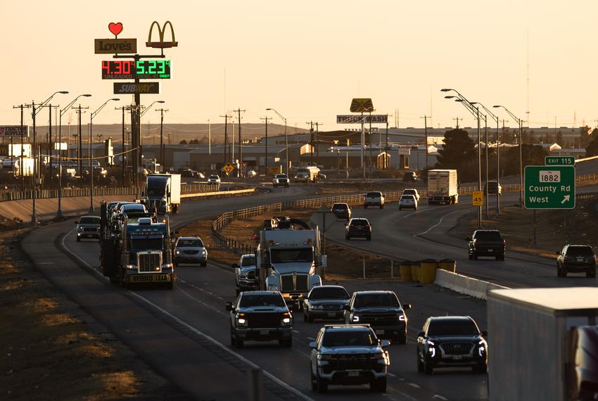 Motorists drive along Interstate 20 as rising gas prices begin to affect the Permian Basin on March 12, 2022 in Odessa.