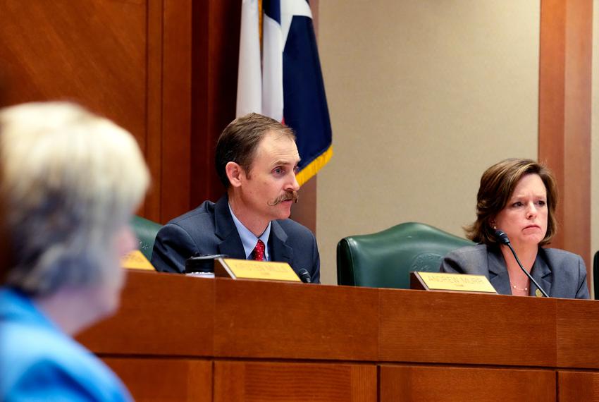 From left: House Committee on General Investigating Chairman Andrew S. Murr and Vice Chair Ann Johnson listen to testimony on Texas Attorney General Ken Paxton at the Capitol in Austin on May 24, 2023.