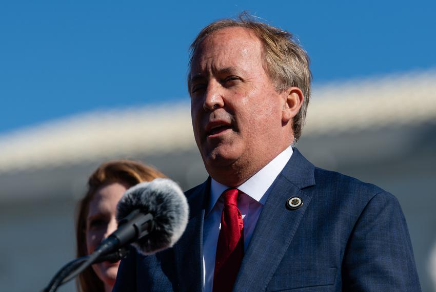 Texas Attorney General Ken Paxton speaks during a press conference outside the Supreme Court in Washington, D.C., on Nov. 1, 2021.