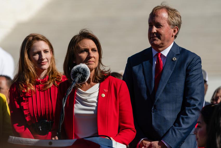 Texas State Senator, Angela Paxton, speaks during a press conference outside the Supreme Court in Washington, D.C., on Nov. 1, 2021.