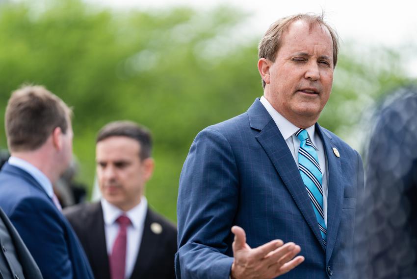 Texas Attorney General Ken Paxton speaks during a press conference at the U.S. Supreme Court in Washington, D.C. on April 26, 2022. Earlier, the U.S. Supreme Court heard oral arguments for Texas v. Texas, the enforcement of the Trump-era “remain in Mexico” policy that required asylum seekers to stay in Mexico as they waited for hearings in U.S. immigration court. (Eric Lee for The Texas Tribune).