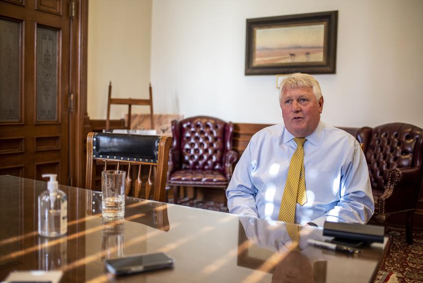John Scott speaks to The Texas Tribune during an interview inside his office at the Capitol on Oct. 28, 2021, in Austin. Scott was appointed last week by Gov. Greg Abbott, and his appointment has been criticized after Scott's role in representing the Trump administration in a lawsuit challenging the 2020 election results.