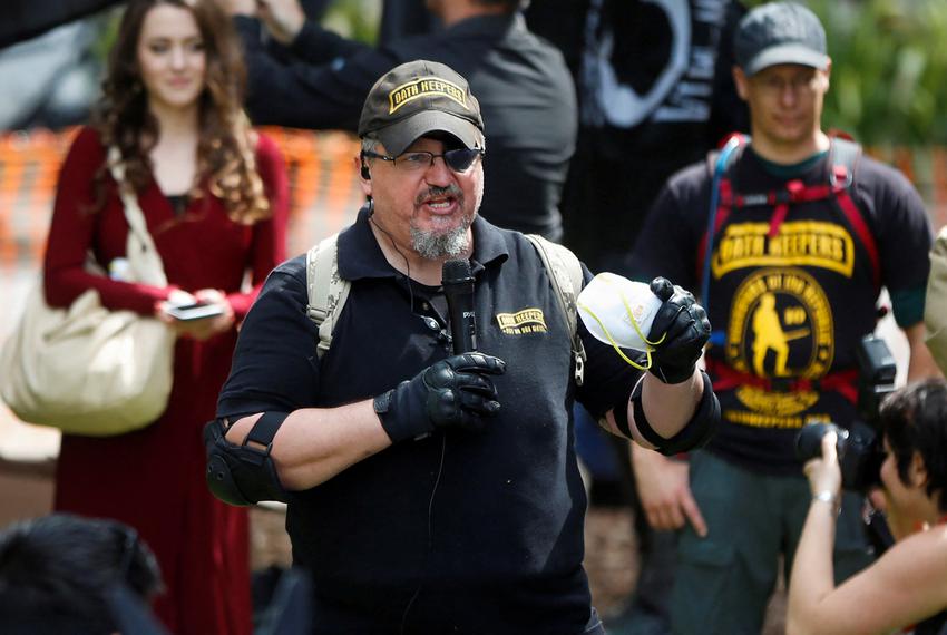 Oath Keepers founder, Stewart Rhodes, speaks during the Patriots Day Free Speech Rally in Berkeley, California, on April 15, 2017.