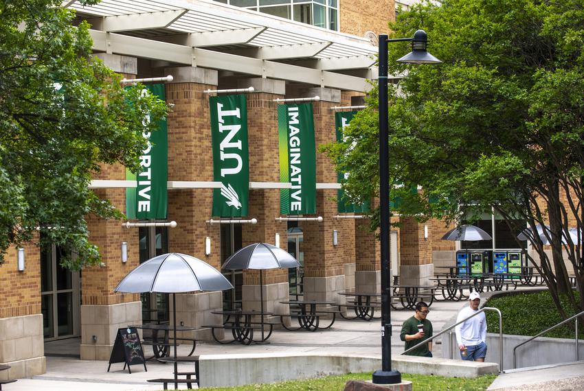 Signage outside the student union at the University of North Texas campus in Denton on May 08, 2020.
