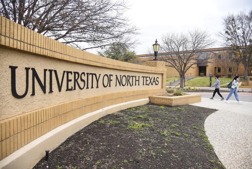 Students walk through campus at the University of North Texas in Denton, Texas on Tuesday, March 22, 2022.