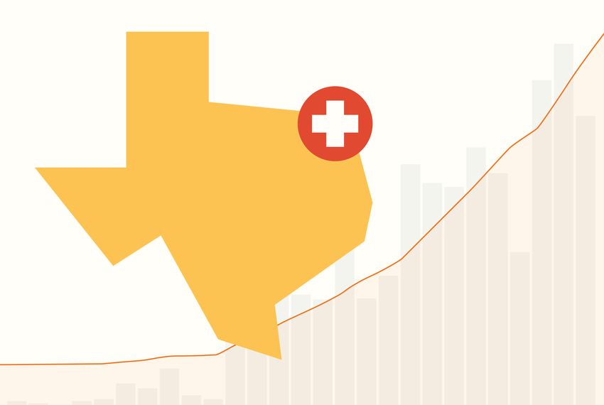 Illustration showing the state of Texas, a medical cross symbol and a chart.